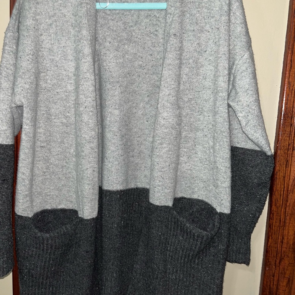 Lg Liz Clairborne Gray Two-Tone Open Front Women's Cardigan Sweater